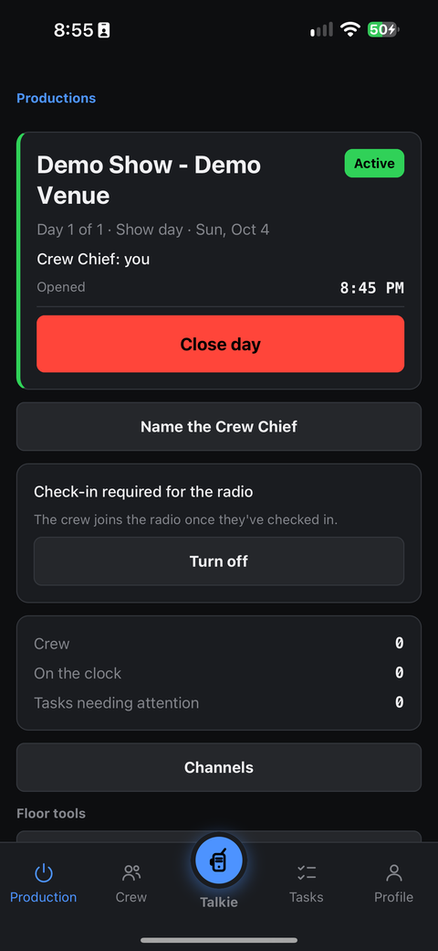 The Production tab: the card of the day with the red Close day button.