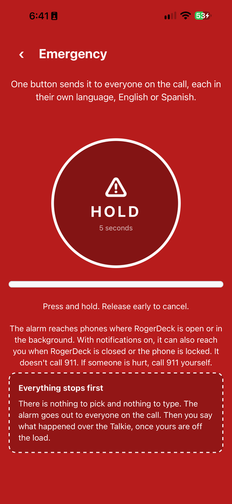 The Emergency screen: press and hold the big round button for 5 seconds, release early to cancel.