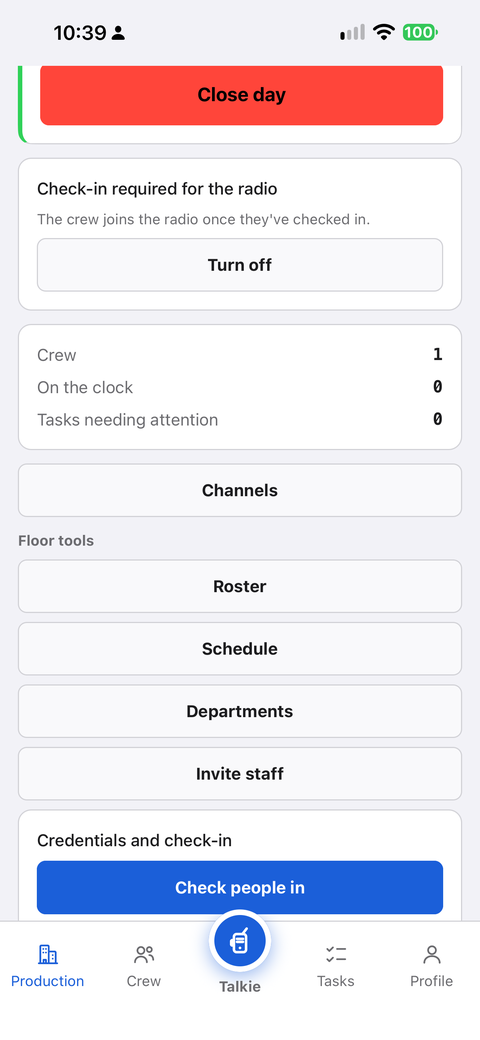 The Production tab: Floor tools (Roster, Schedule, Departments, Invite staff) and Credentials and check-in with the Check people in button.