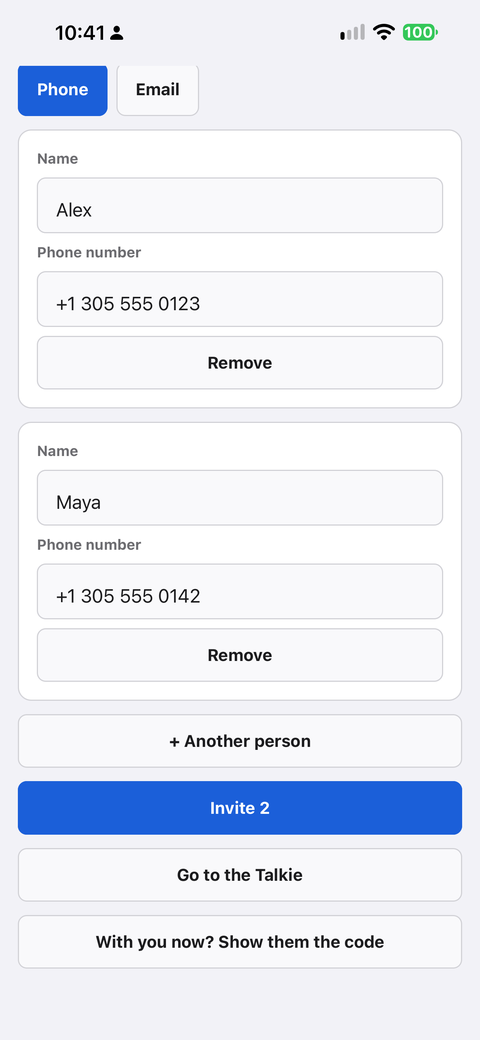The invite screen, Phone tab: two people entered by name and phone number, + Another person, and the Invite 2 button.