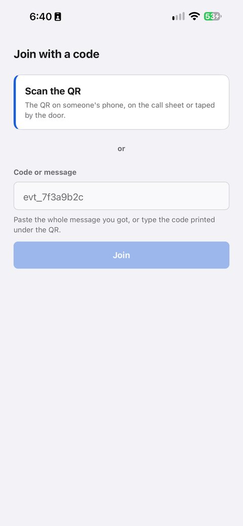 The Join with a code screen: Scan the QR, or type or paste the code, then Join.