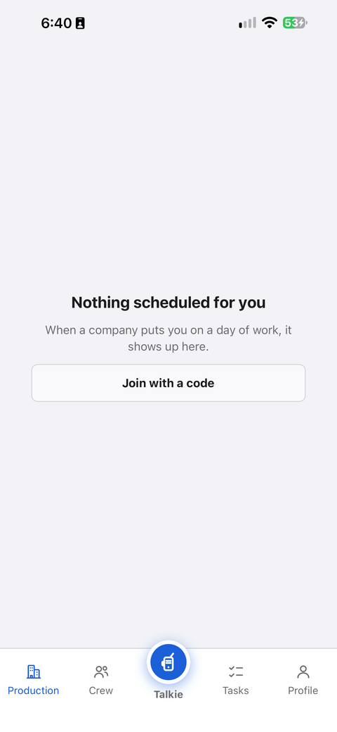The Production tab with nothing scheduled: the message and the Join with a code button.