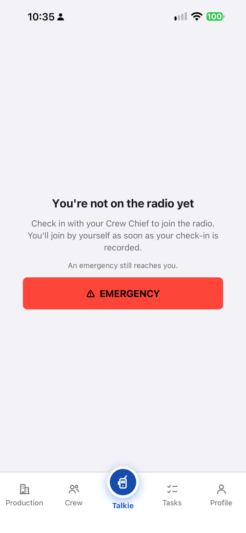 The Talkie reading You’re not on the radio yet, with the EMERGENCY button still there.