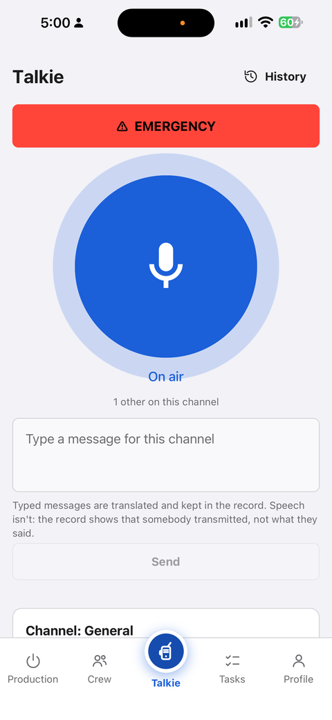 The Talkie screen with the big talk button held and the on-air label showing.