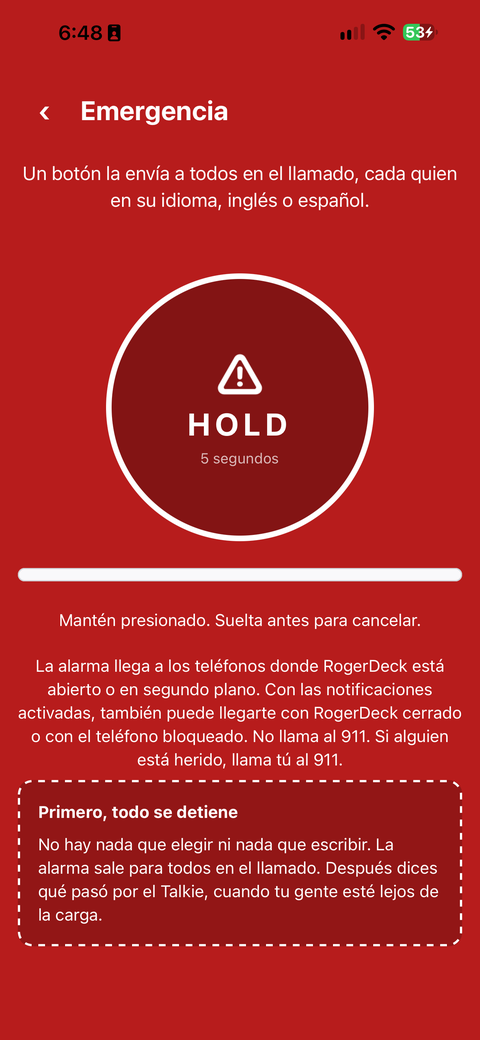 La pantalla de Emergencia: mantén presionado el botón redondo grande durante 5 segundos; si lo sueltas antes, se cancela.