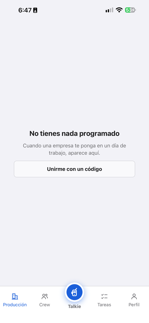 La pestaña Producción sin nada programado: el mensaje y el botón Unirme con un código.